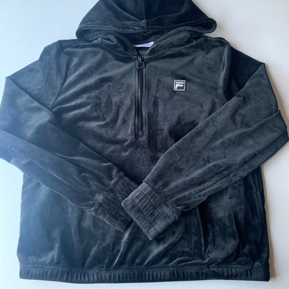Fila Jackets & Blazers - FILA Women's Velour Track Jacket Quarter Zip Hoodie Black Size MEDIUM Y2K